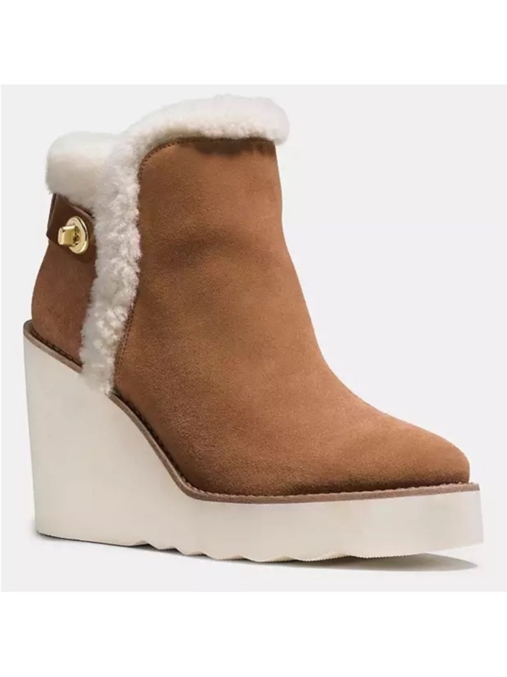 COACH Kingston Tan Suede Wedge Boot with Shearling Trim